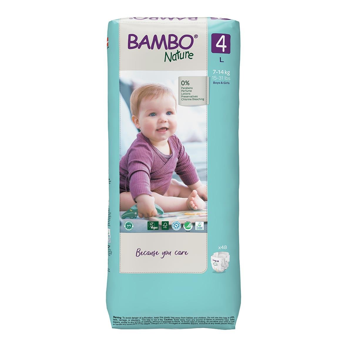Blöja Bambo Nature Maxi storlek 4 för barn 7-14 kg, med bild av ett barn i en rosa tröja