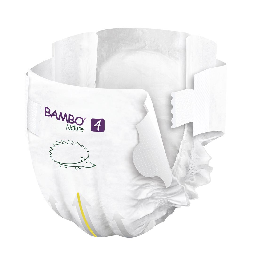 Blöja Bambo Nature Maxi storlek 4 för barn 7-14 kg, vit med text och illustration