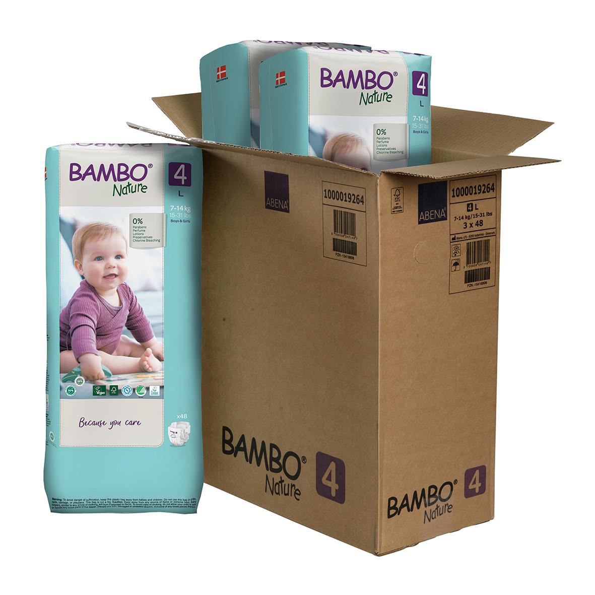 Bambo Nature Maxi blöja storlek 4, 7-14 kg, i kartong och en enskild blöja med bild på bebis