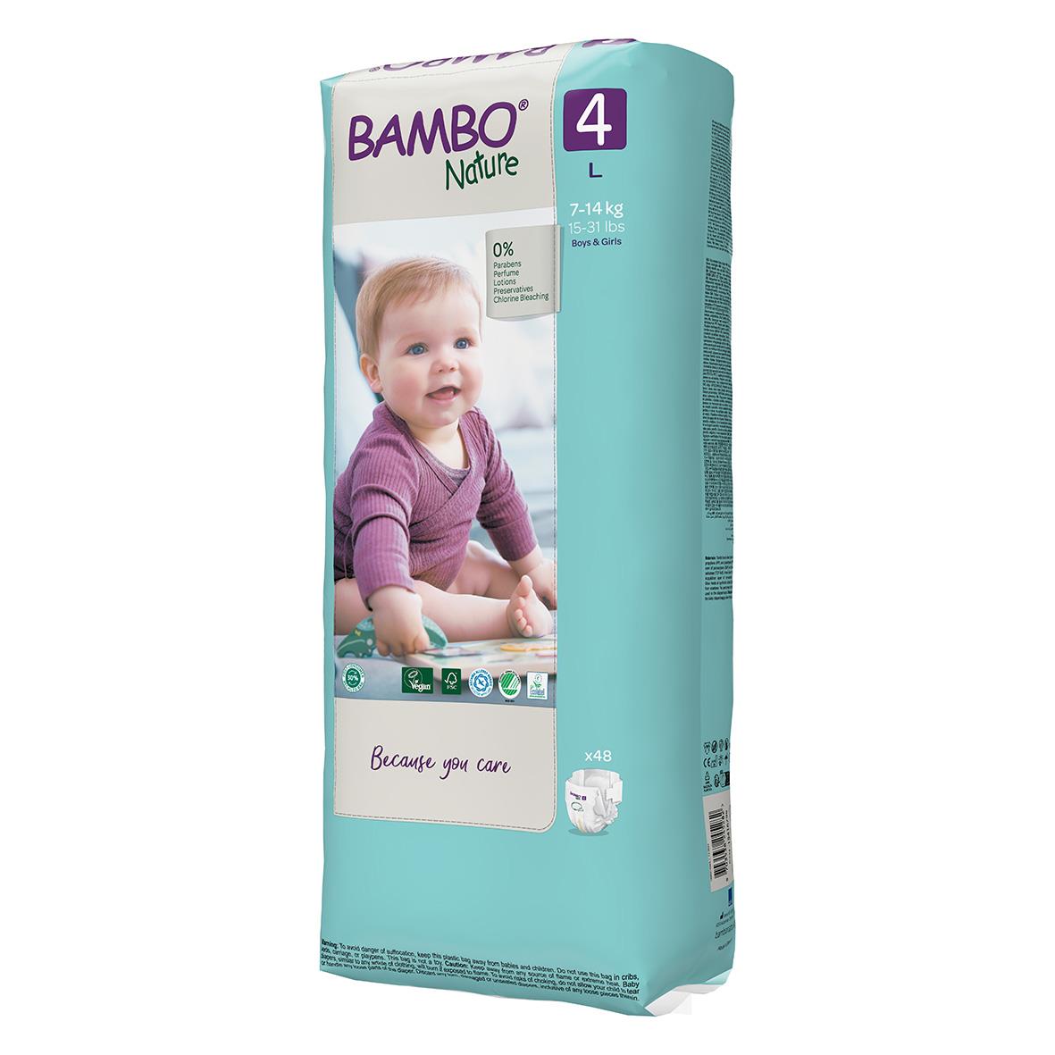 Blöja Bambo Nature Maxi storlek 4, 7-14 kg med bild av ett barn i lila tröja