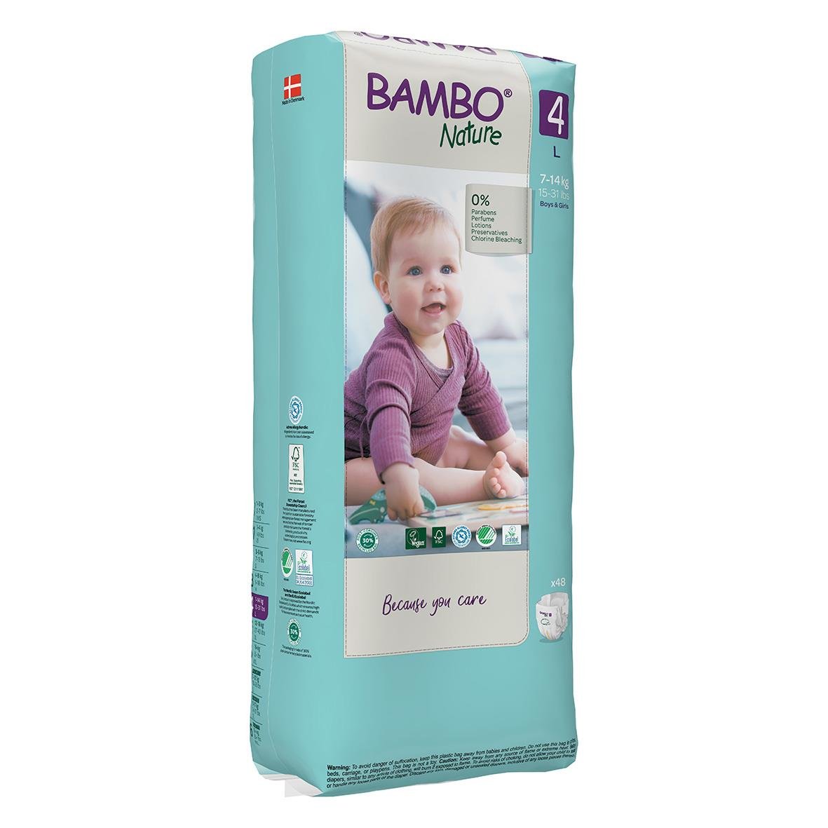Blöja Bambo Nature Maxi storlek 4 för barn 7-14 kg, med bild på baby och miljömärkningar