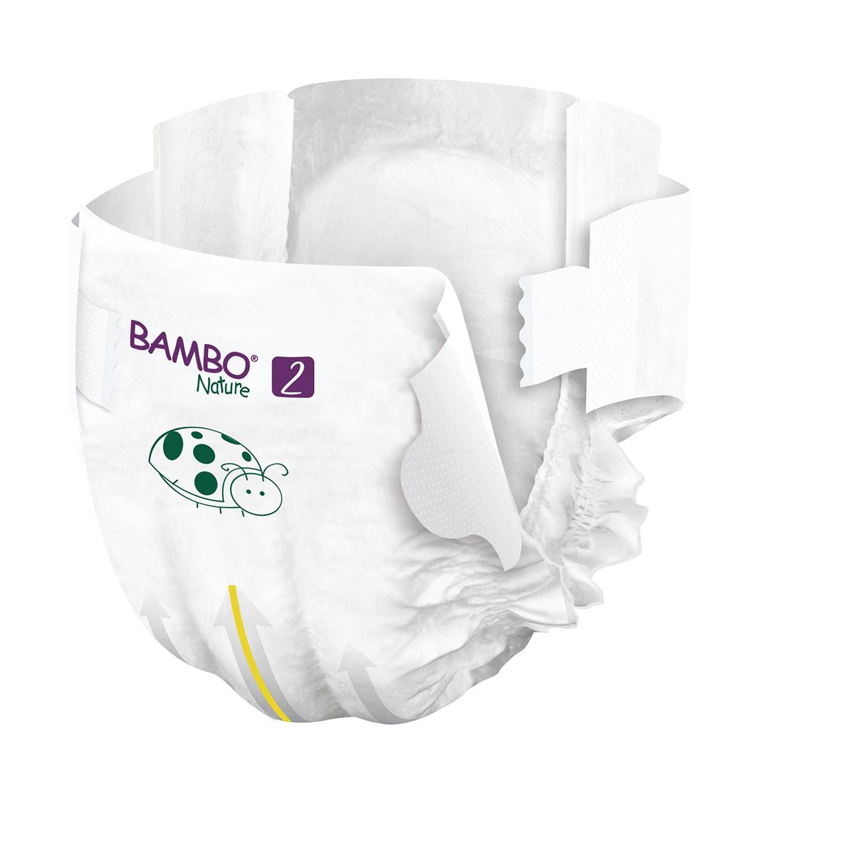 Blöja Bambo Nature storlek 2 för barn 3-6 kg, vit med grönt och lila design