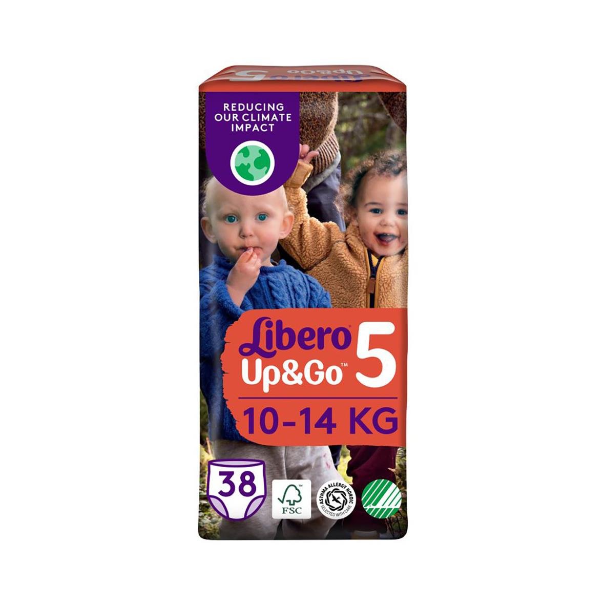 Förpackningar av Libero Up&Go blöjor för barn i olika storlekar och viktklasser, med fokus på klimatpåverkan