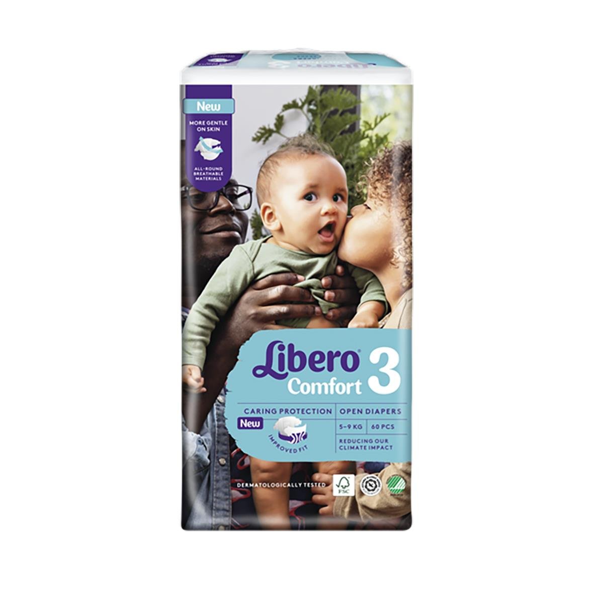 Förpackning av Libero Comfort blöja storlek 3, 5-9 kg, med bild av baby och vuxen