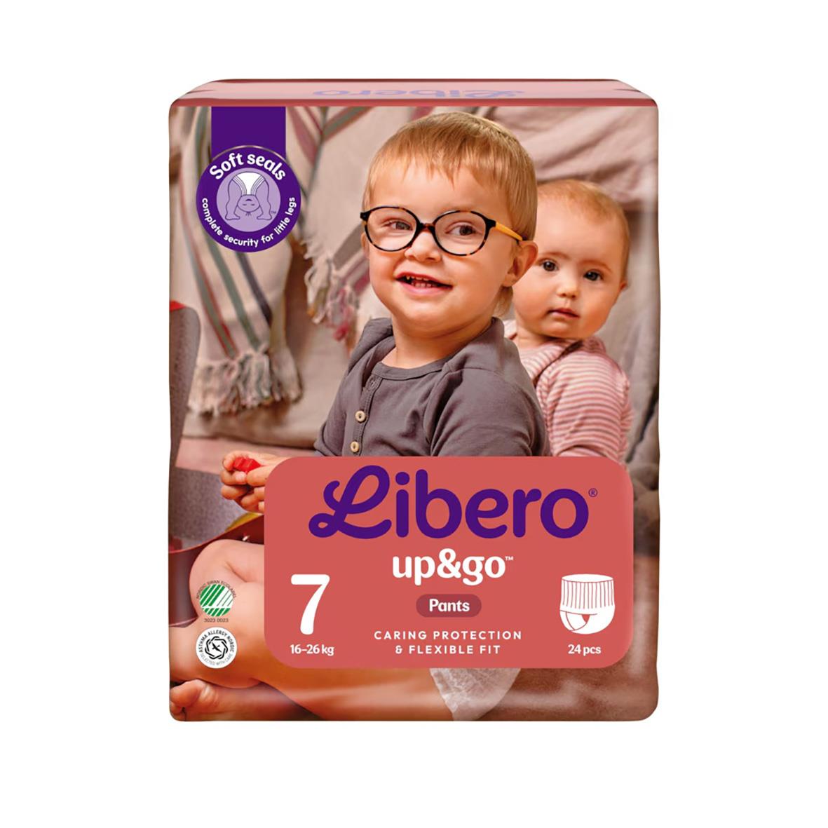 Libero Up&Go blöja för barn i storlek 7, 16-26 kg, 24 st, med mjuk insida och flexibel passform