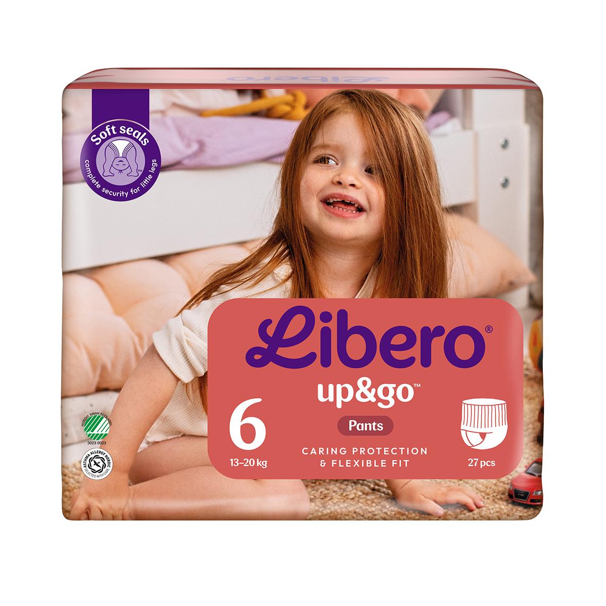 Barn i säng med Libero Up&Go blöjor för vikt 13-20kg, 27 st, flexibel passform och mjukhet