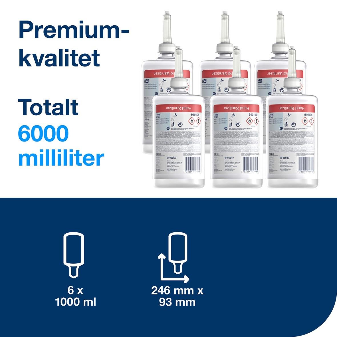 Handdesinfektion Tork S1 Salubrin Alcogel 70 1L med fyra flaskor och information om total volym och storlek