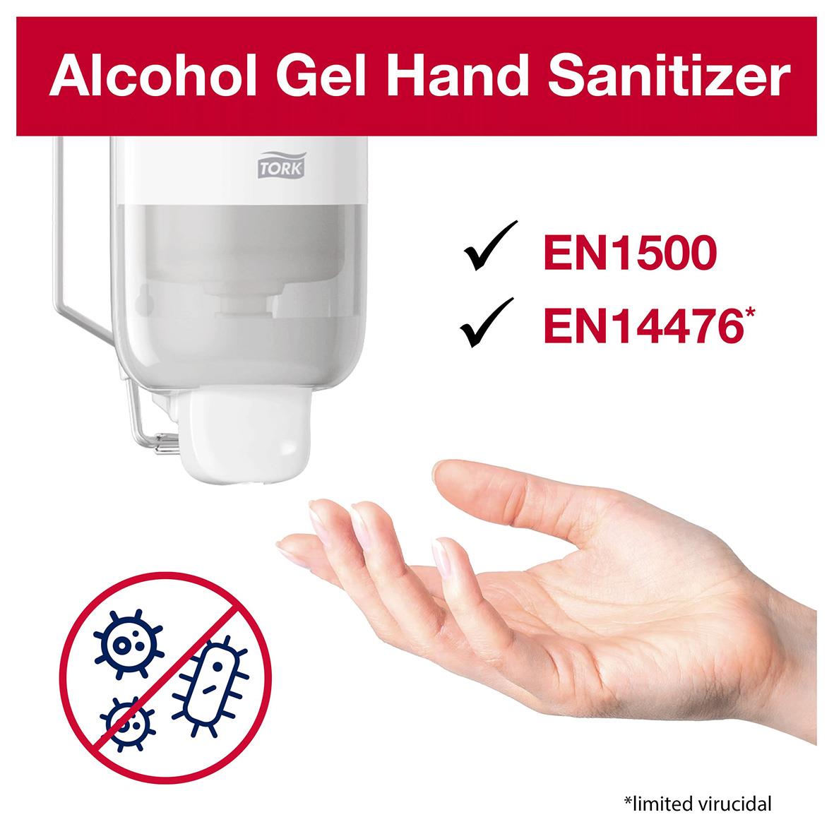 Handdesinfektion Tork S1 Salubrin Alcogel 70 1L, alkoholbaserad gel för hygien, visar hand och dispenser