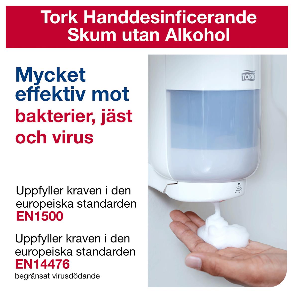 Handdesinfektionsskum utan alkohol i 1L-flaska, effektiv mot bakterier, jäst och virus, uppfyller europeiska standarder EN1500 och EN14476