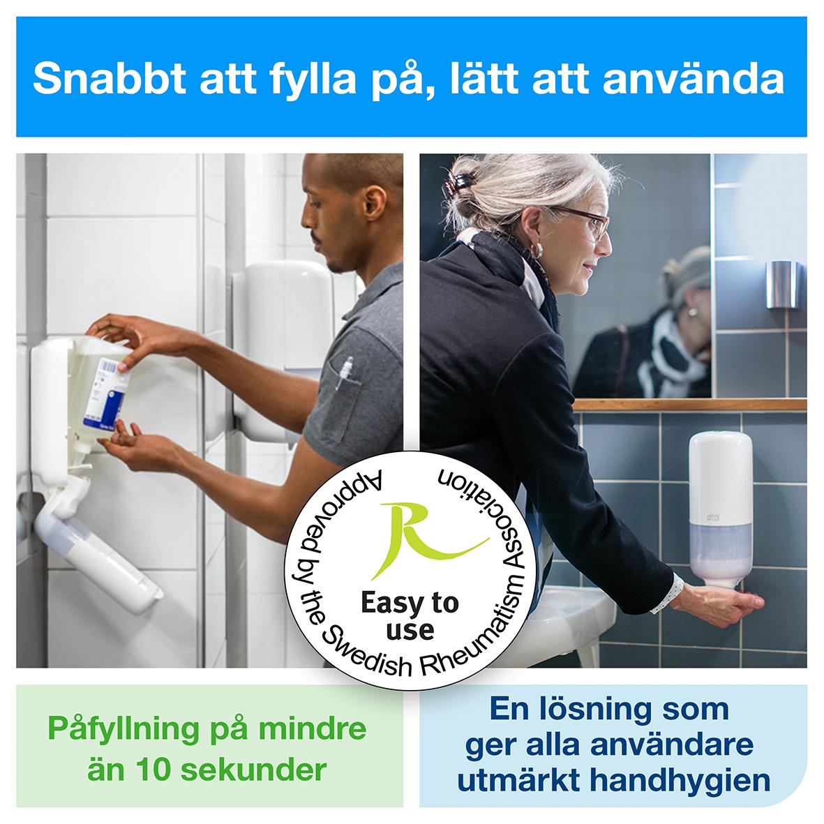Person använder handdesinfektionsskum utan alkohol från Tork S4 1L, snabb påfyllning under 10 sekunder, lätt att använda, för god handhygien