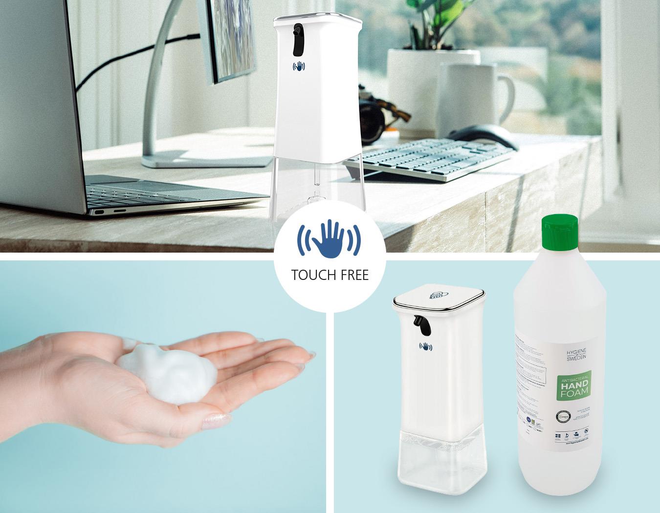 Touch-free handdesinfektionsdispenser på skrivbord med hand och tvålflaska i bakgrunden