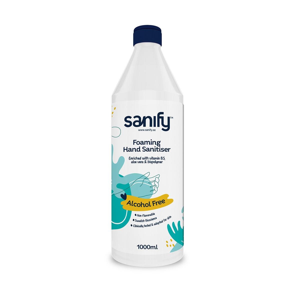 Stor handdesinfektionsflaska med grönt lock, etikett för antibakteriell handskum, 1 liter