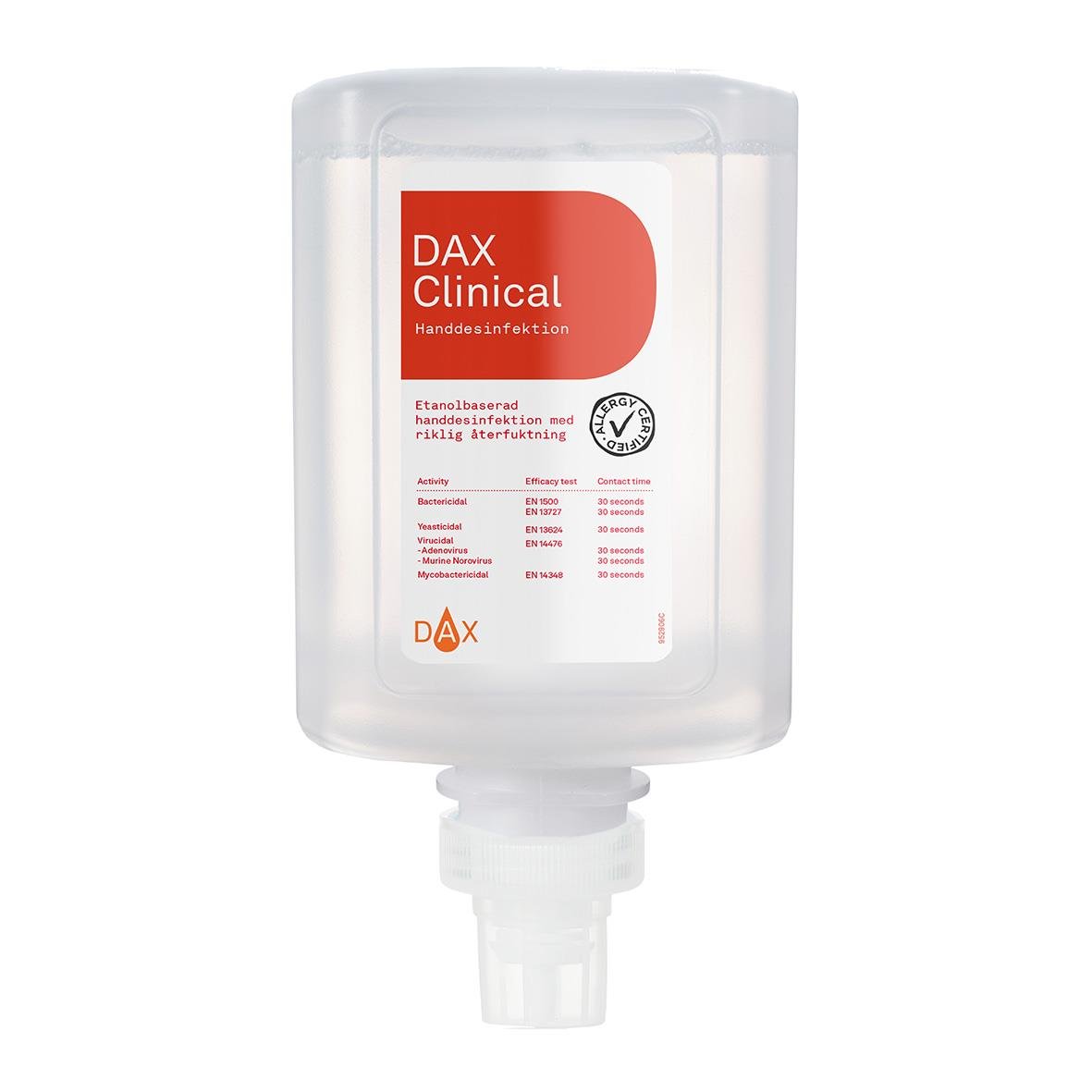 Handdesinfektion DAX Clinical 75 Refill 1L i pumpflaska med vit och röd etikett