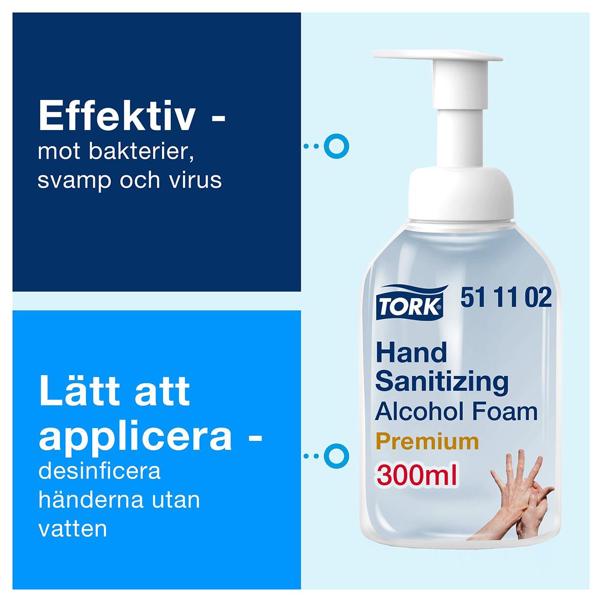 Handdesinfektion Tork Alkoholskum 75 300ml flaska med pump, effektiv mot bakterier, lätt att applicera