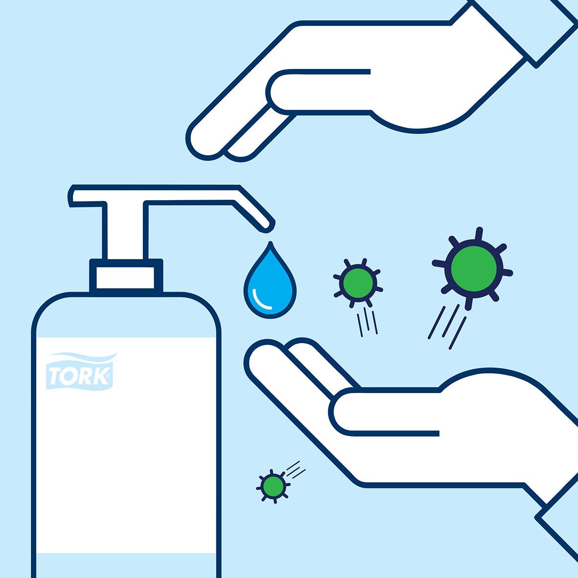 Handdesinfektion Tork alkoholskum 75 300ml med pump och virusillustration