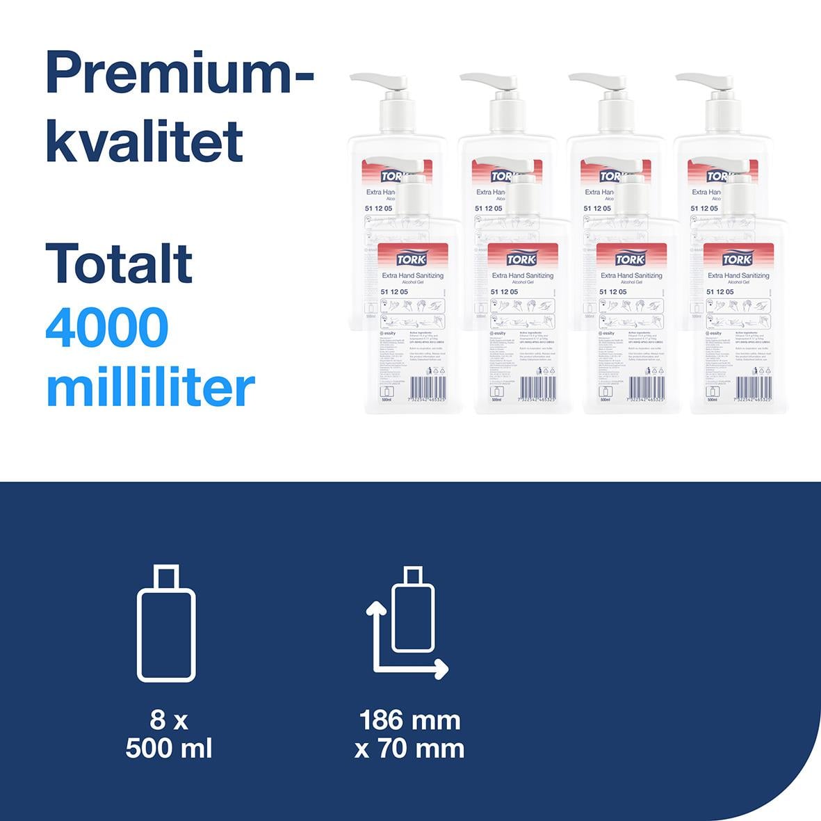 Fyra flaskor handdesinfektion Tork Extra Alkogel 500ml med pump, totalt 4000 ml, 186 mm höga och 70 mm breda