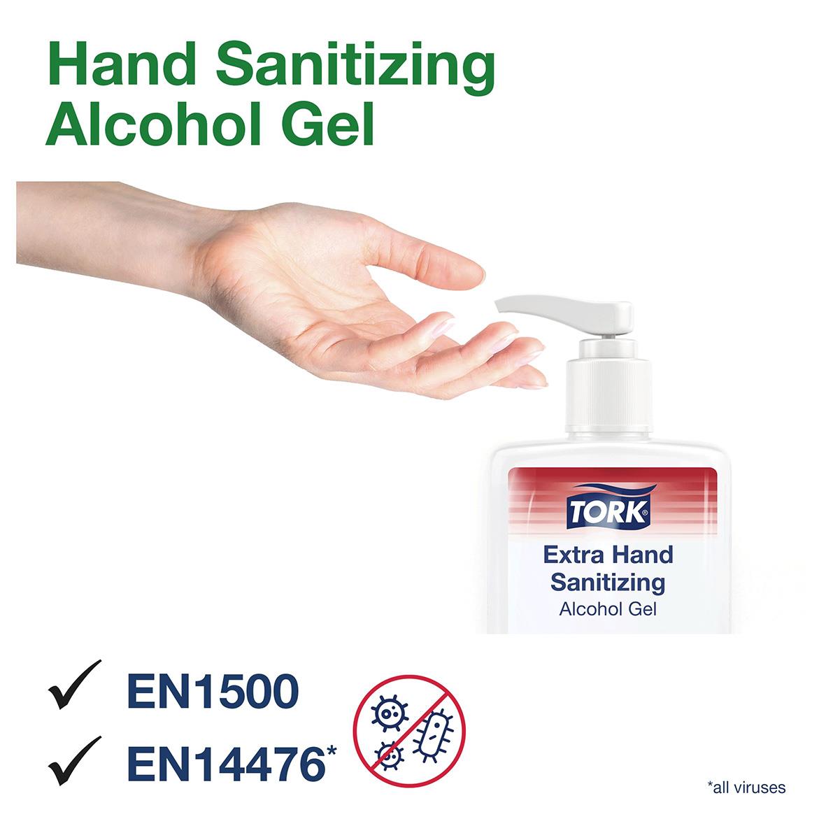 Handdesinfektion Tork Extra Alkogel 500ml med pumpflaska och text om virusskydd