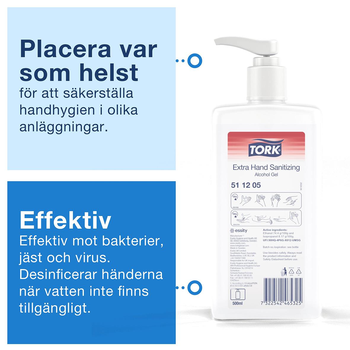 Handdesinfektion Tork Extra Alkogel 500ml, pumpflaska, effektiv mot bakterier, jäst och virus, för hygien i olika miljöer.