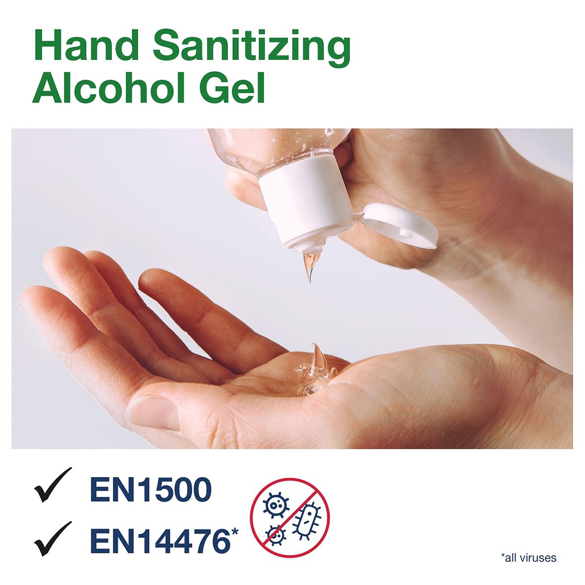 Handdesinfektion Tork Extra Alkogel 100ml med pump, visar hand som får gel på sig, text om hygienstandarder