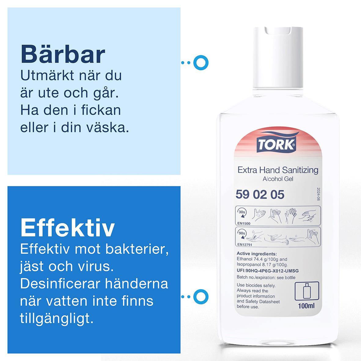 Handdesinfektion Tork Extra Alkogel 100ml, bärbar, effektiv mot bakterier, jäst och virus, för användning i fickan eller väska.