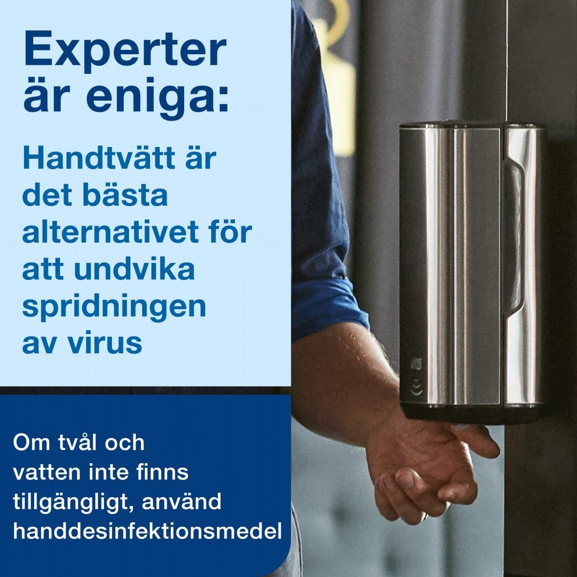Handdesinfektion Tork S1 Extra Alcogel 85 1L, person håller dispenser, informativ text om handhygien och användning