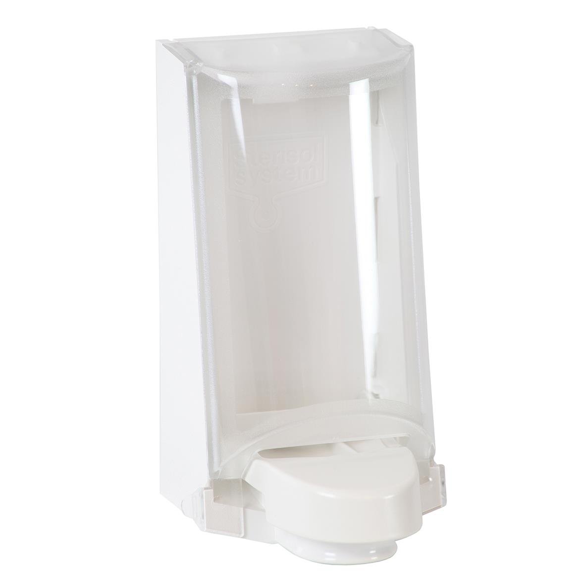 Vit dispenser för Sterisol 700ml med transparent skyddshölje och pump