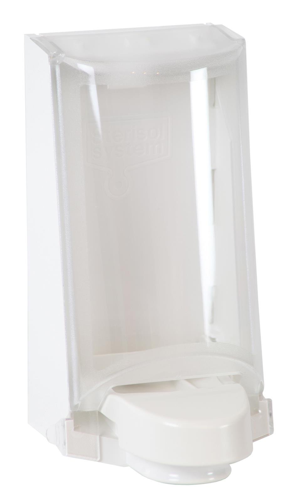 Vit dispenser för Sterisol 700ml med transparent skyddshölje och pump