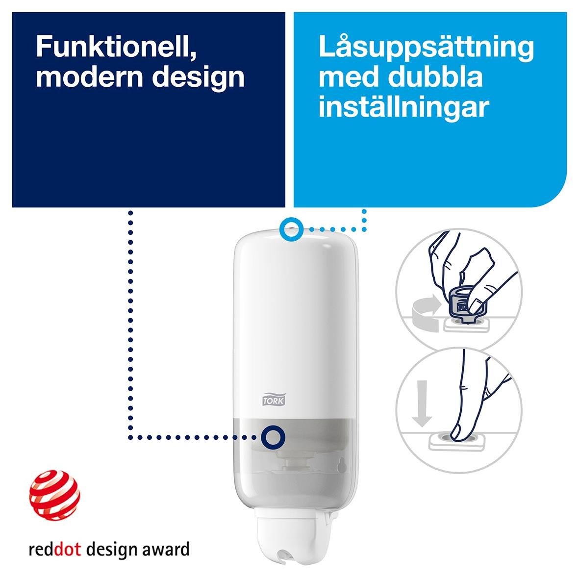 Vit dispenser Tork S1 med dubbla inställningar och modern design