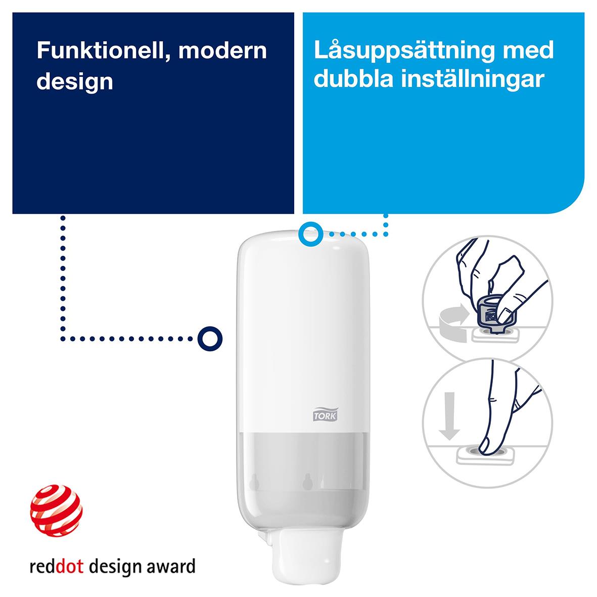 Vit skumdispenser Tork S4 med modern design och dubbelinställningar