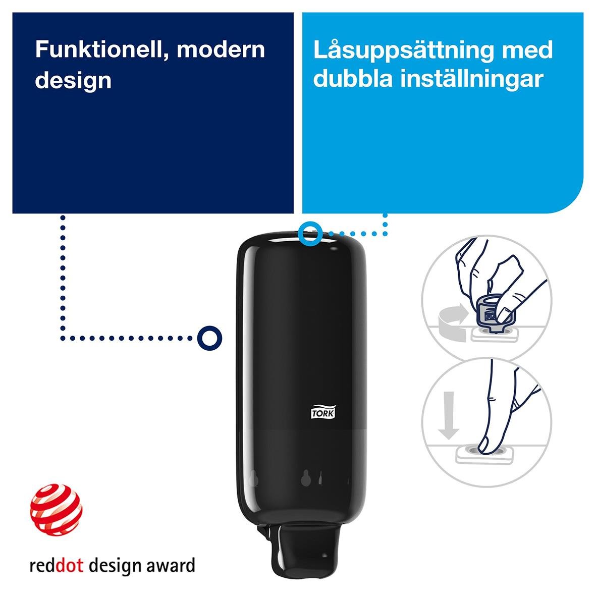 " Tork S4 skumdispenser med modern design och dubbla inställningar, visar hand som använder den."