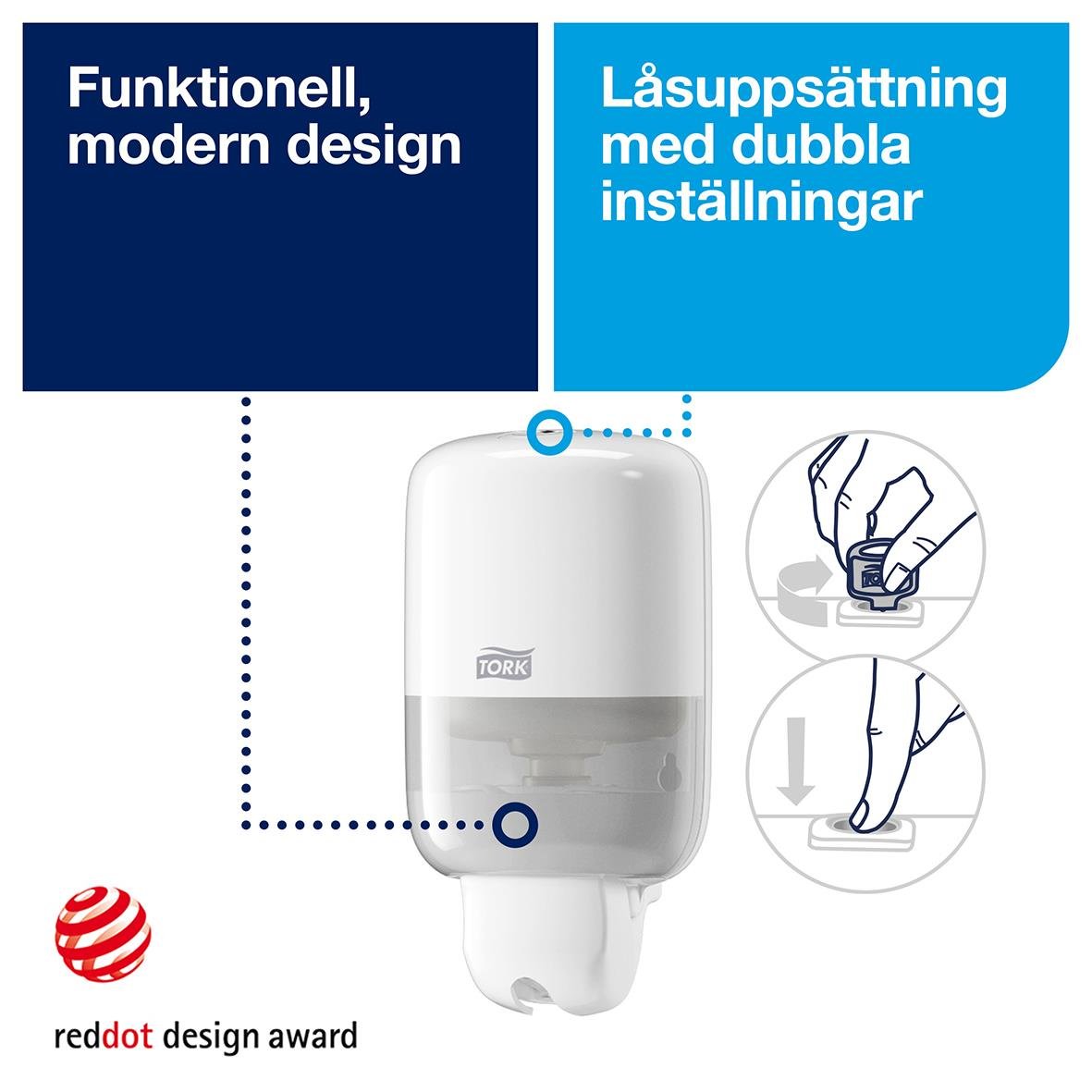 Vit Tork S2 Mini plastdispenser med dubbla inställningar och modern design
