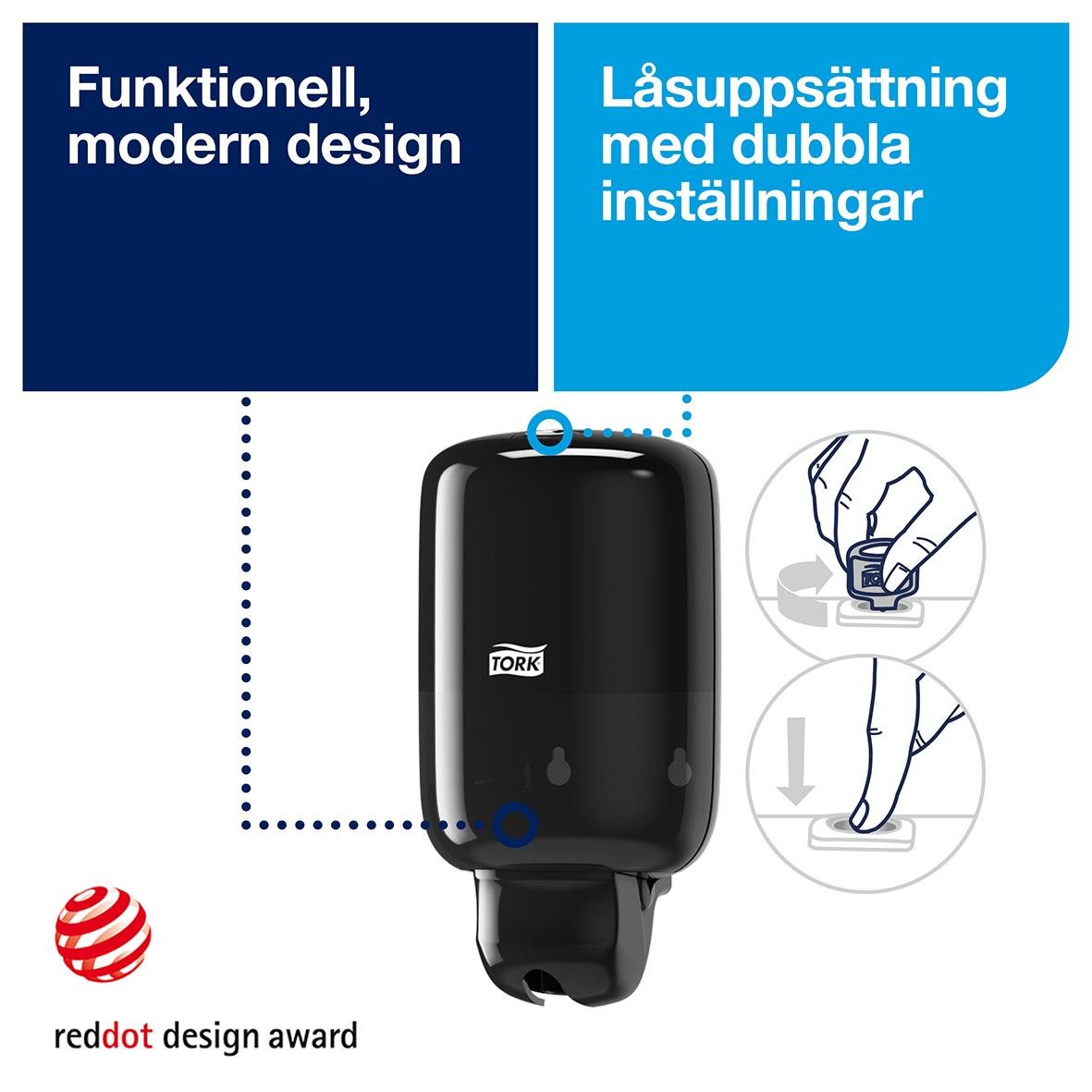 Svart Tork S2 Mini plastdispenser med dubbla inställningar och modern design