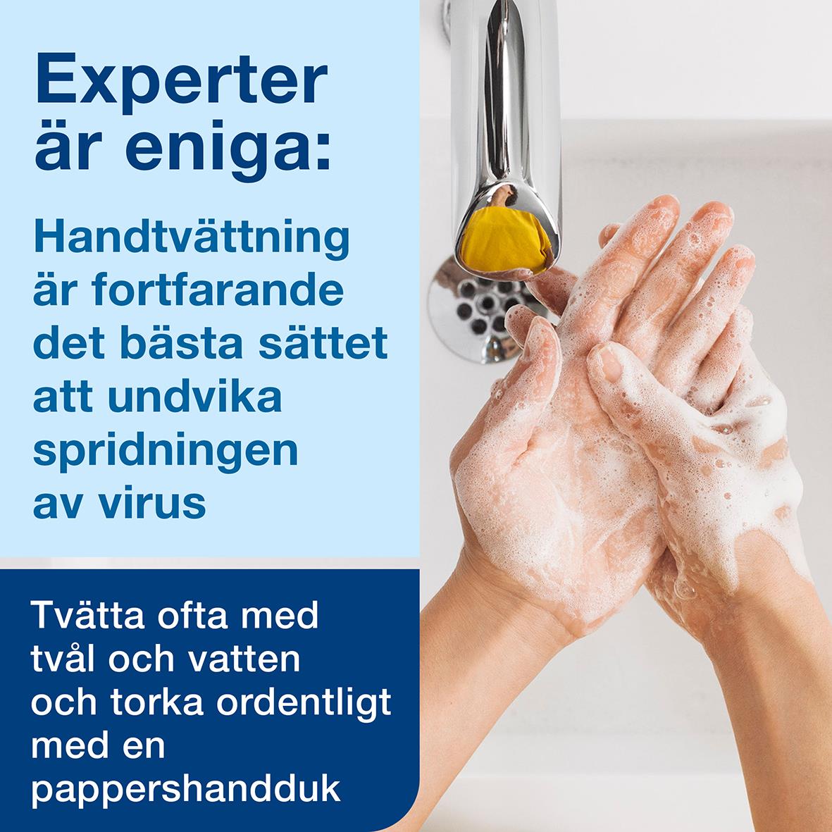 Tvättar händer med tvål och vatten under en kran, text om handhygien och att torka med pappershandduk