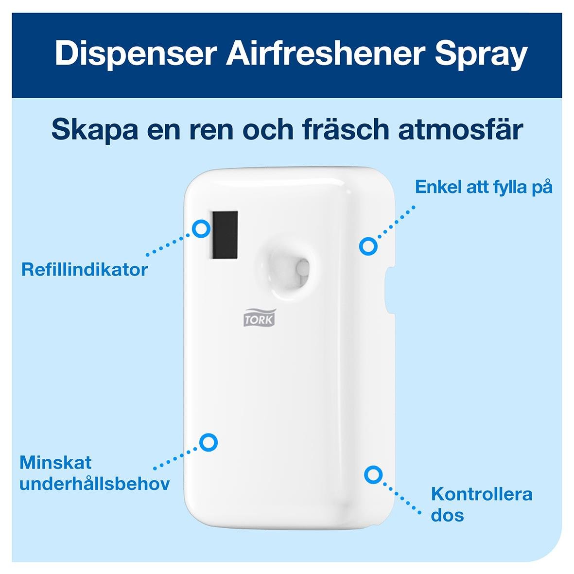 Vit plastdispenser för luftfräschare med refiller, kontrollknapp och minskat underhållsbehov