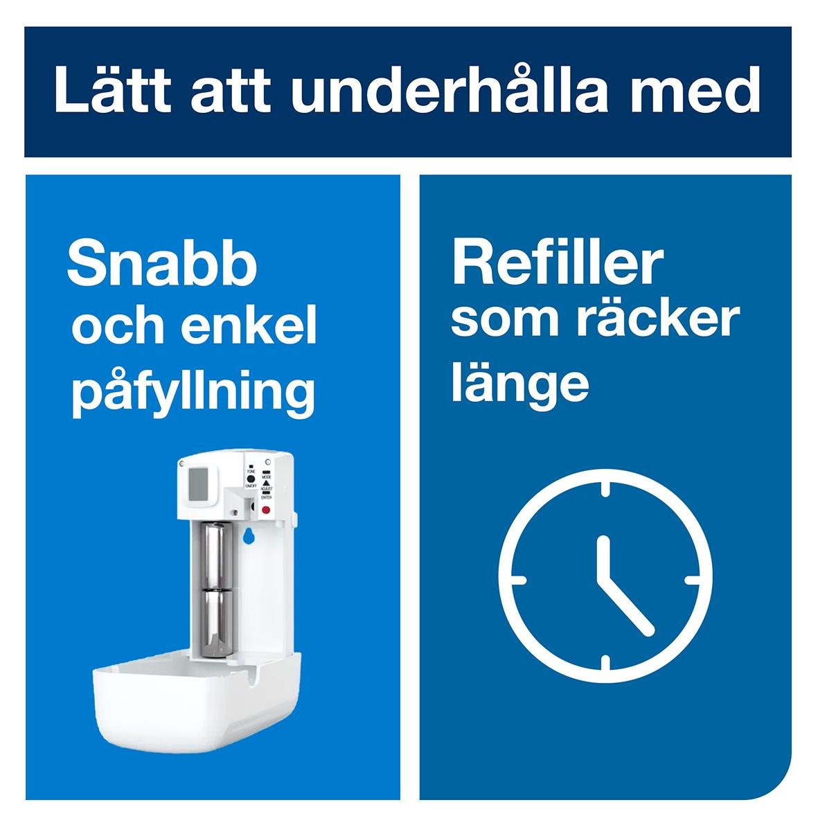 Instruktionsskylt för Tork A1 luftfräschare, visar snabb påfyllning och långa refill-tider, blå bakgrund med text och bild
