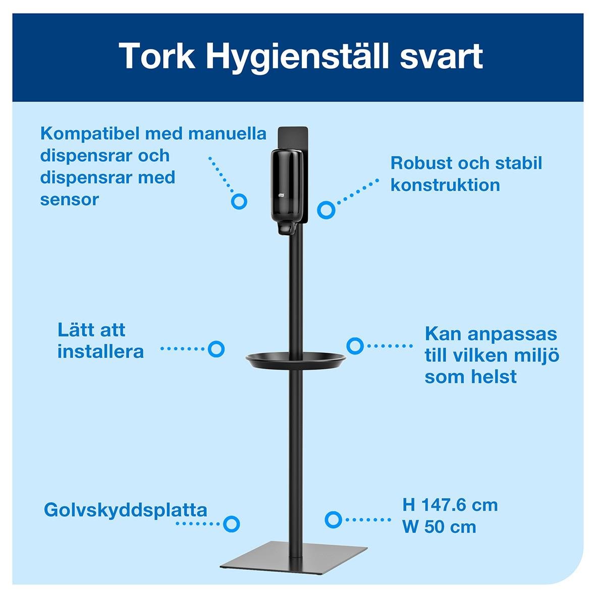 Golvstativ Tork utan dispenser, rund stolpe, svart, höjd 147.6 cm, bredd 50 cm, lätt att installera, anpassningsbar, robust konstruktion