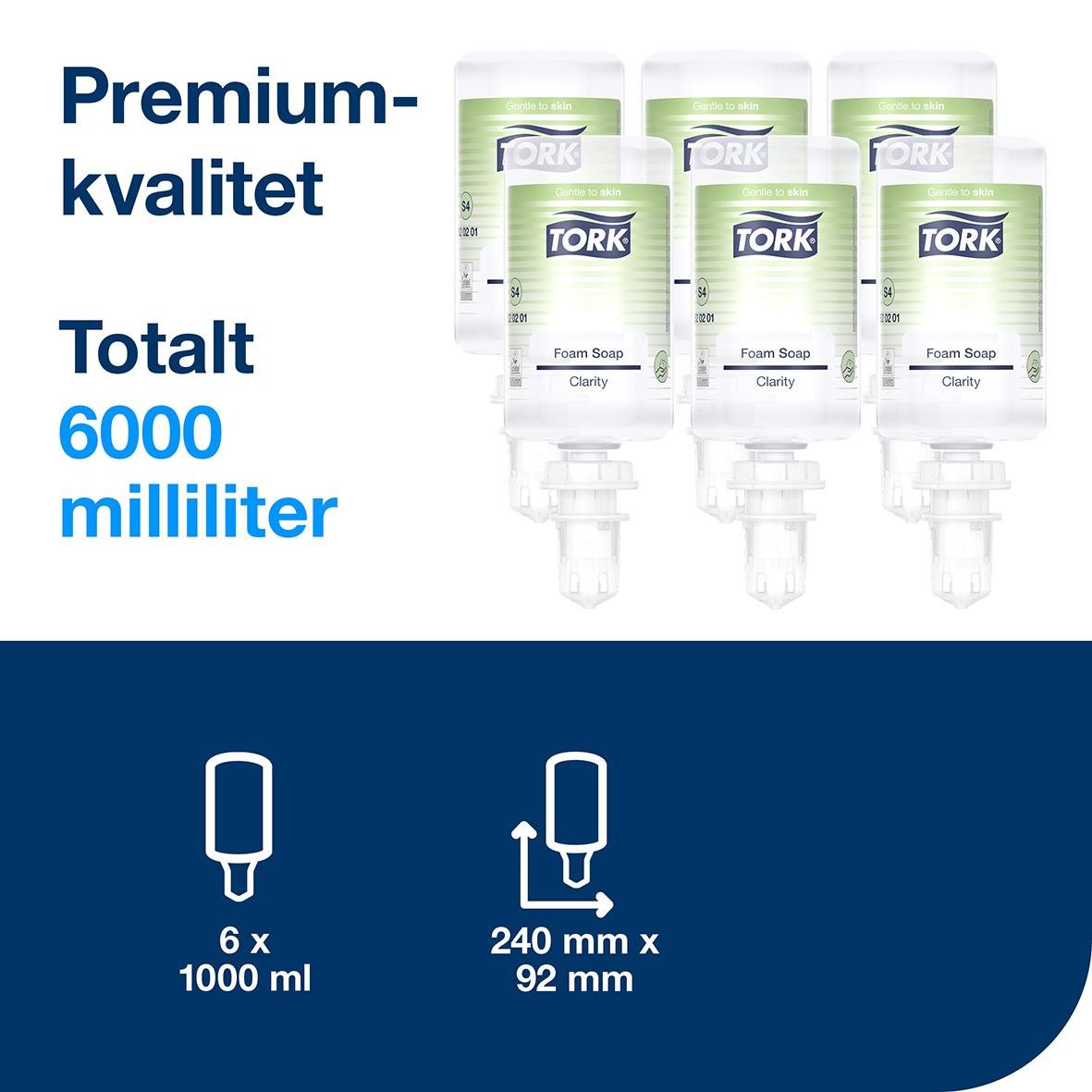 Tork S4 Clarity flytande handtvål i 1L flaskor, tre stycken, med text om premium kvalitet och total volym på 6000 ml