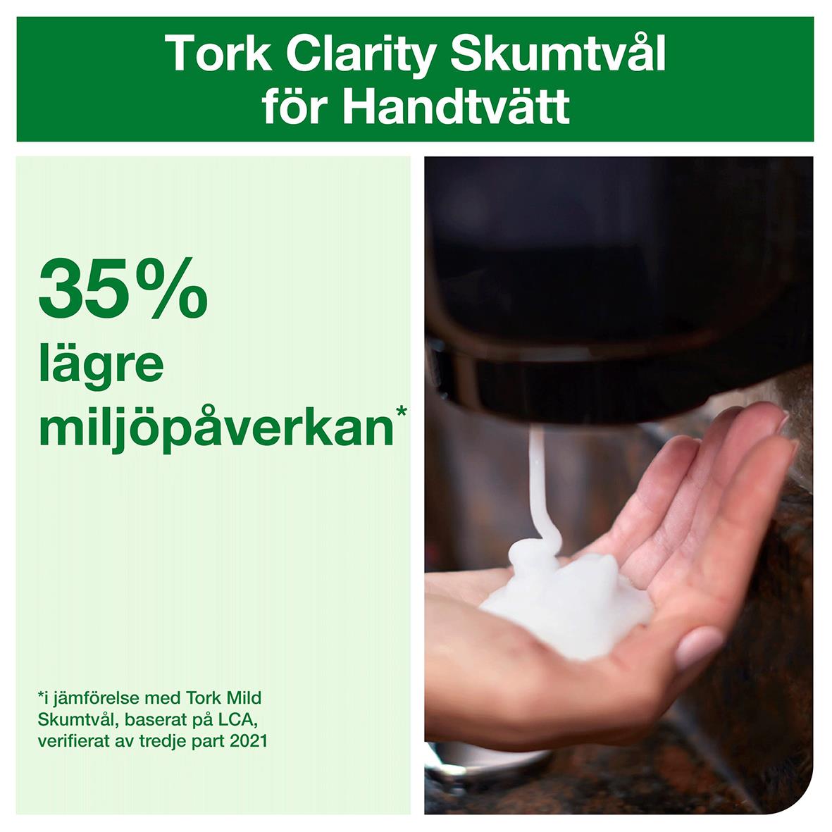 Tork Clarity skumtvål för handtvätt i 1L-flaska, visar hand med tvål