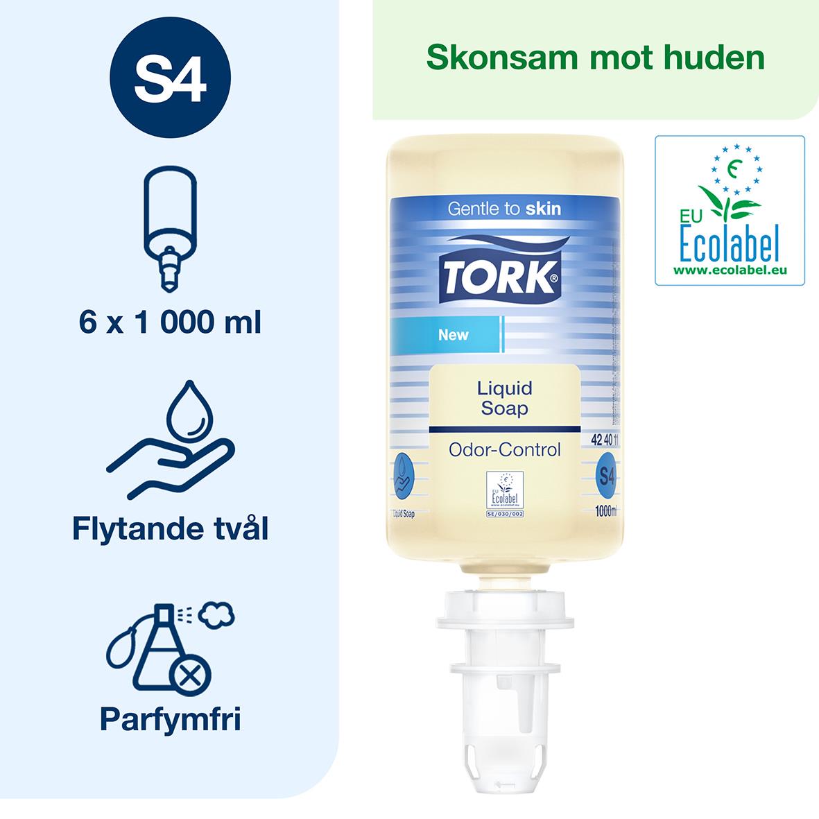 Flytande handtvål Tork S4 Odor-Control 1L, skonsam mot huden, parfymfri, 6 flaskor á 1000 ml
