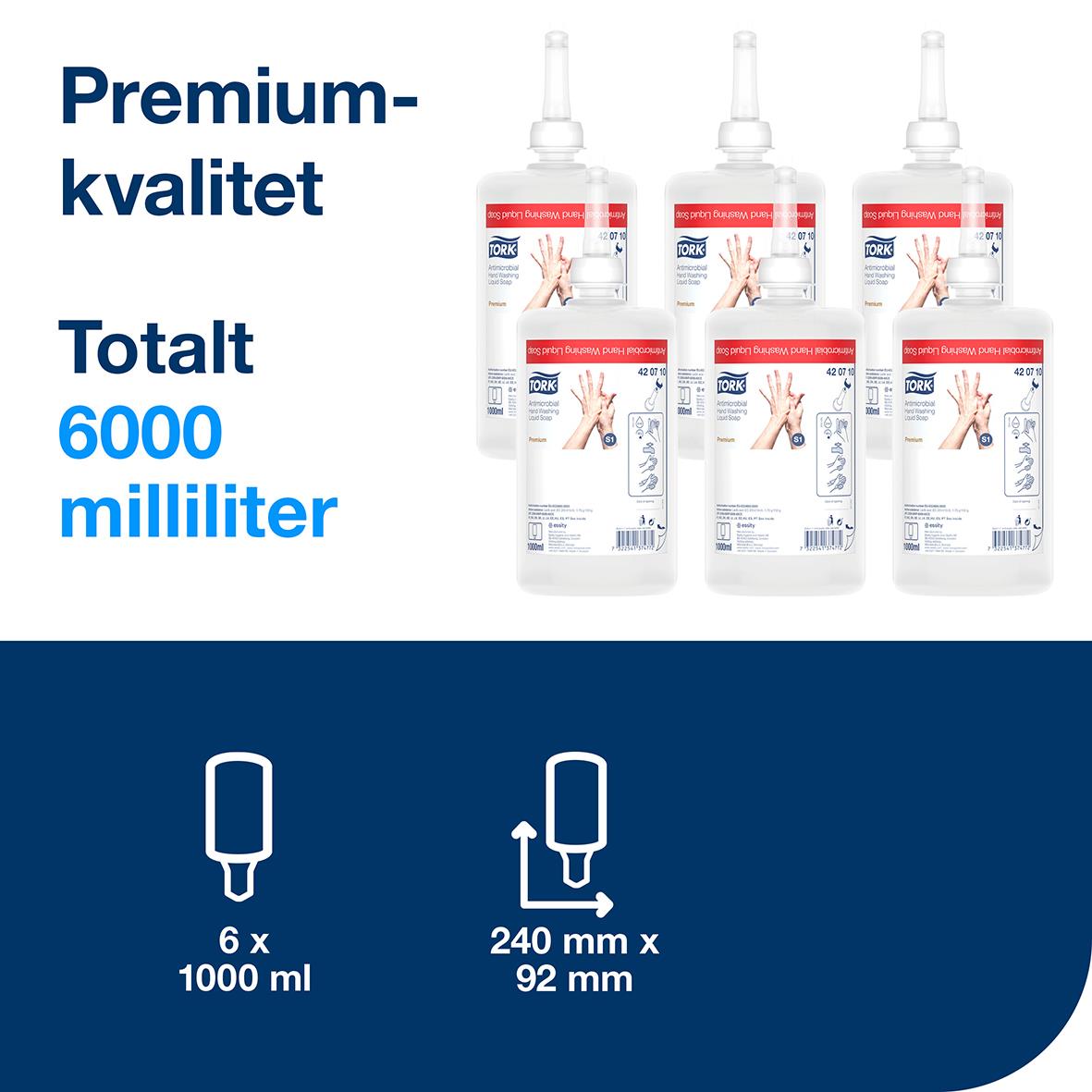 Flytande tvål Tork S1 antimikrobiell, parfymfri, 1L, 6 flaskor á 1000 ml