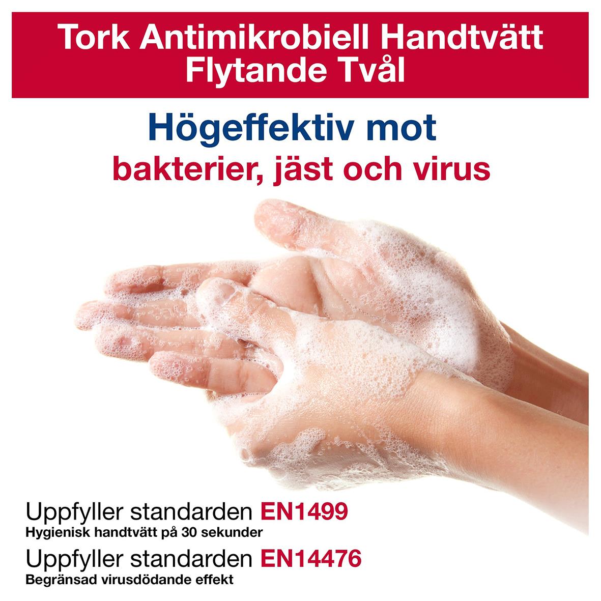 Flytande antimikrobiell handtvål i 1L för hygien, mot bakterier, jäst och virus, uppfyller EN1499 och EN14476 standarder