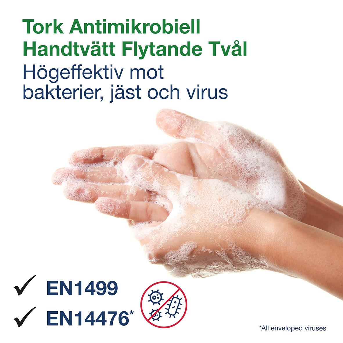 Flytande antimikrobiell handtvål Tork S4 1L, effektiv mot bakterier, jäst och virus, med hygieniska certifieringar