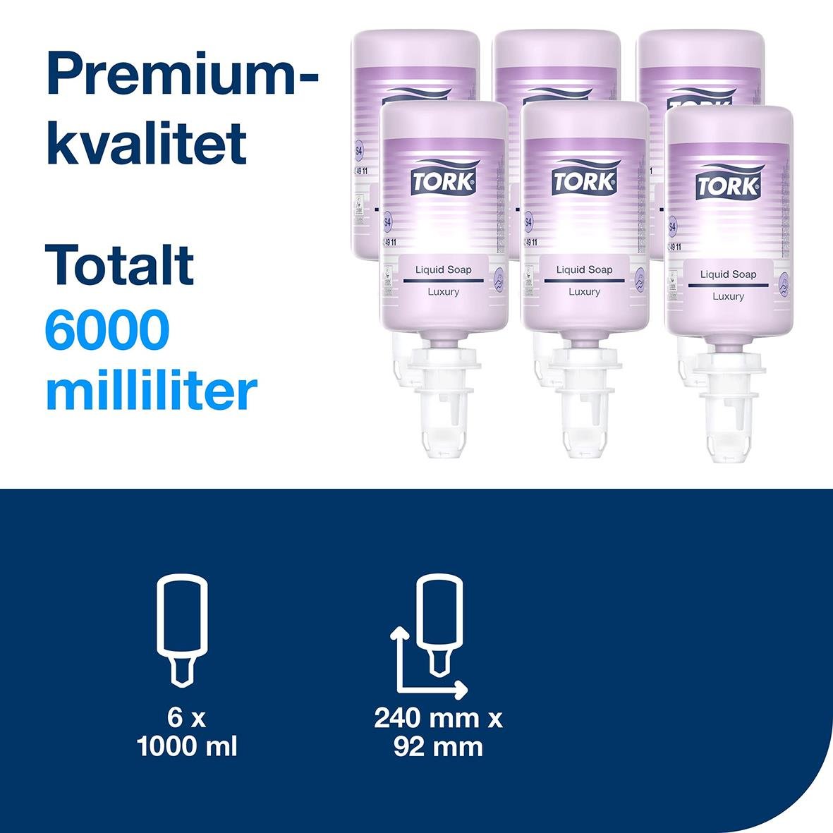 Flytande tvål Tork S4 Luxury 1L, 6 flaskor, totalt 6000 ml, med pump för enkel användning
