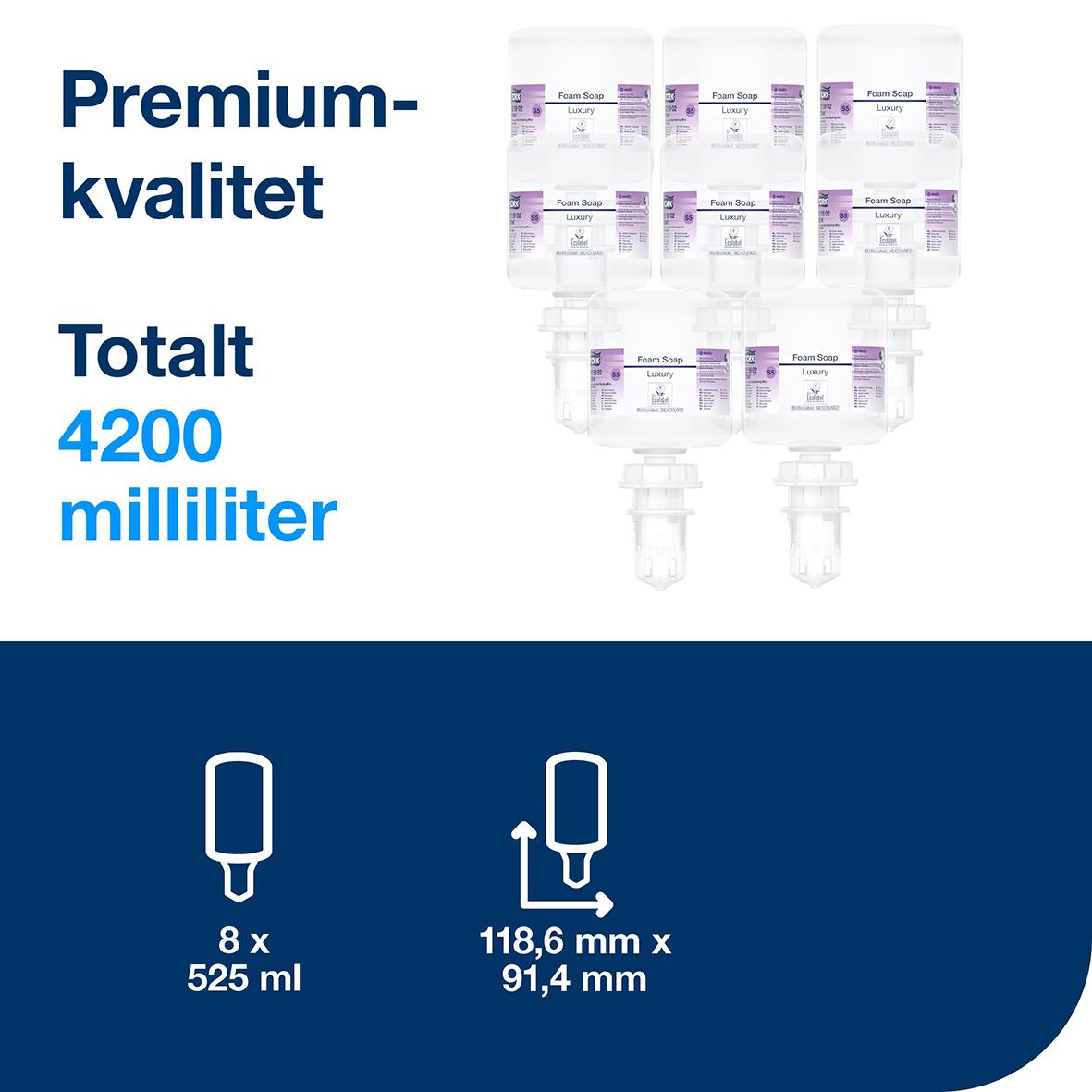 Mini skumtvål Tork S5 Luxury Milt Parfymerad, 8 flaskor à 525 ml, total 4200 ml