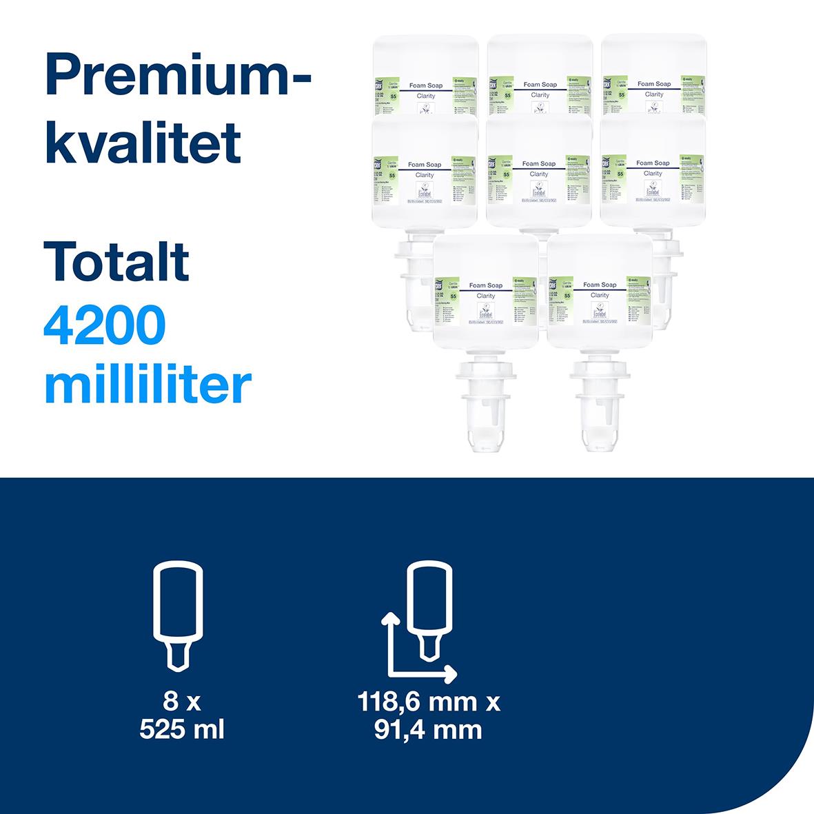 Skumtvål Tork S5 Premium Clarity Mini för hygienisk handtvätt, 4200 ml totalt, 8 flaskor à 525 ml