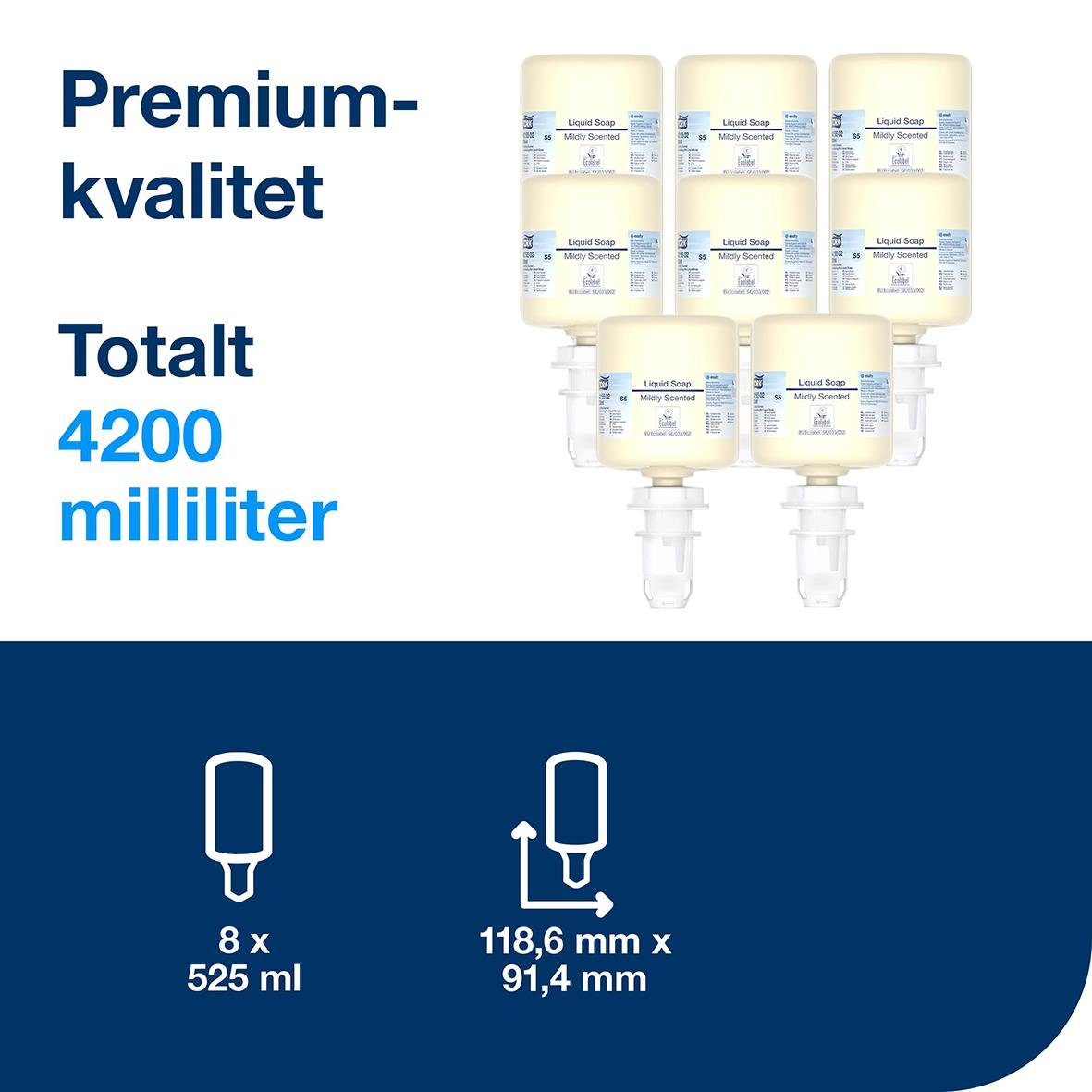 Flytande tvål Tork S5 Premium, 8 flaskor à 525 ml, total 4200 ml, mild parfym