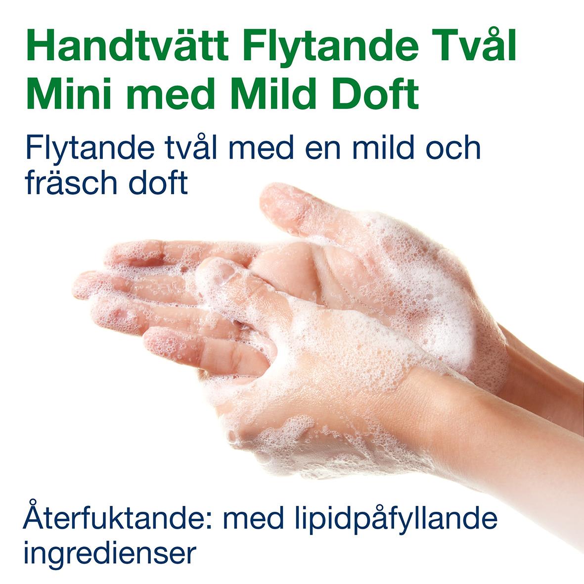Flytande handtvål i miniformat med mild doft och lipidberikande ingredienser, används för handtvätt.