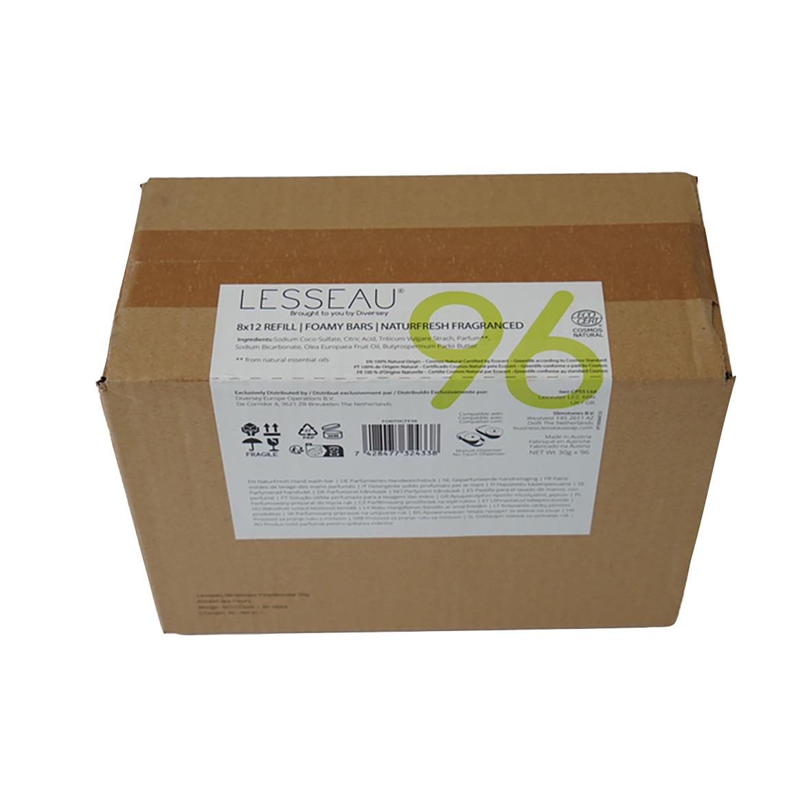 Stor kartong med LESSEAU NaturFresh Fast handtvål refiller, 96-pack
