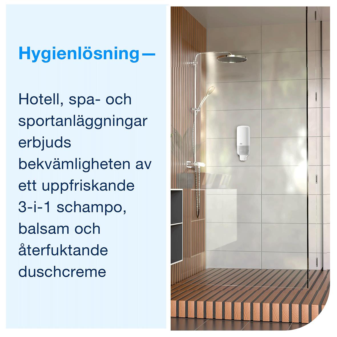 Bild av ett duschutrymme med text om hygienlösning för hotell och spa, inklusive schampo och duschcreme