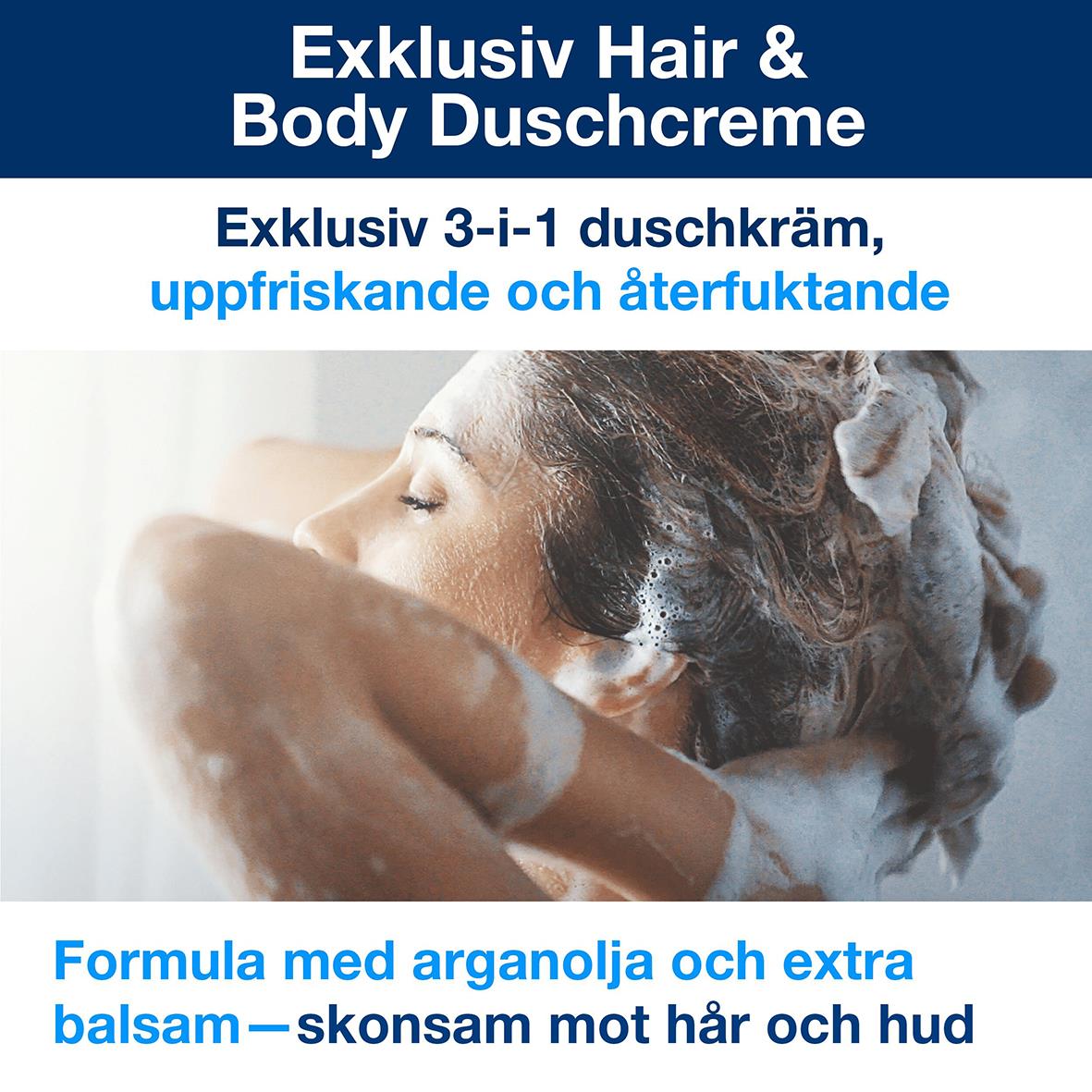 Kvinna tvättar håret med schampo och duschkräm, lyfter fram exklusiv 3-i-1 formula med arganolja och balsam för hår och hud